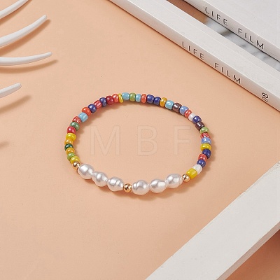 Plastic Imitation Pearl & Glass Seed Beaded Stretch Bracelet for Women BJEW-JB09929-1