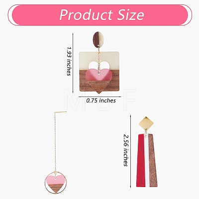 3 Pairs 3 Style Heart & Trapezoid & Square Resin & Walnut Wood Dangle Stud Earring EJEW-SW00014-01-1
