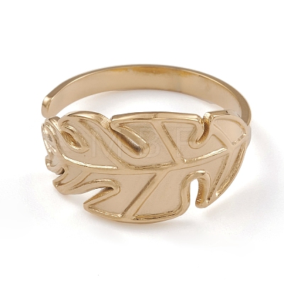 Ion Plating(IP) 304 Stainless Steel Monstera Leaf Open Cuff Rings for Women RJEW-G285-68G-1