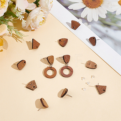 Unicraftale 16 Pairs 4 Style Triangle & Kite & Trapezoid Walnut Wood Stud Earring Findings WOOD-UN0001-07-1