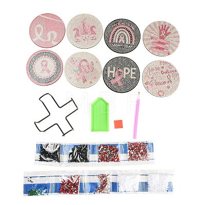 DIY Breast Cancer Awareness Ribbon Diamond Painting Wood Cup Mat Kits DIY-H163-10-1