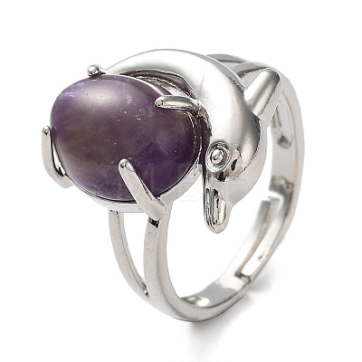 Natural Amethyst Oval with Dolphin Adjustable Ring G-Z031-01P-19-1