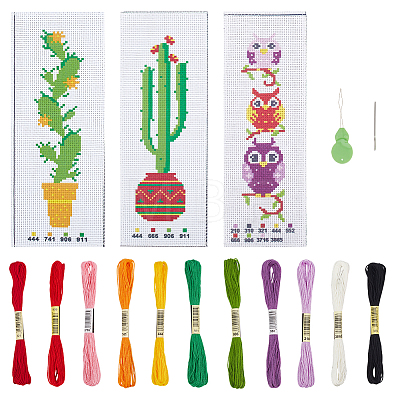 3 Sets 3 Style DIY Oval & Cactus Pattern Bookmark Cross-Stitch Kit DIY-NB0008-96-1