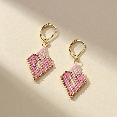 Glass Seed Braided Rhombus with Heart Dangle Leverback Earrings EJEW-MZ00030-01-1