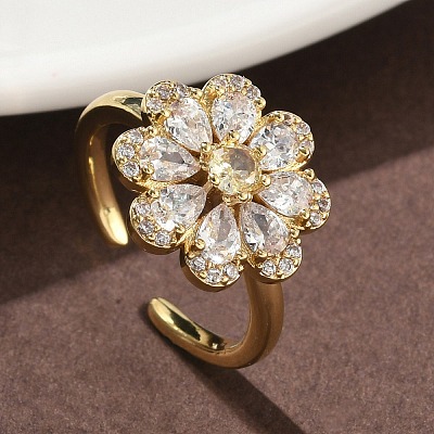 Flower Brass Micro Pave Cubic Zirconia Cuff Rings for Women RJEW-A069-01B-G-1