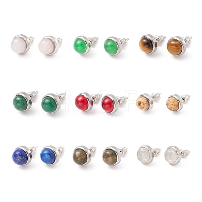 Natural Gemstone Half Round Stud Earrings EJEW-K092-01P-1