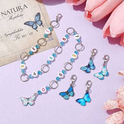 5Pcs Butterfly Alloy Enamel Pendant Knitting Row Counter Chains & Locking Stitch Markers Kits HJEW-JM01631-1