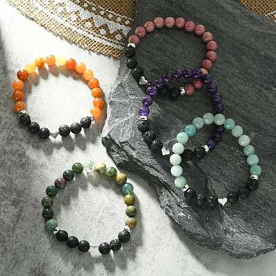 Natural Mixed Stone & Lava Rock & Alloy Heart Beaded Stretch Bracelet BJEW-JB09633-1