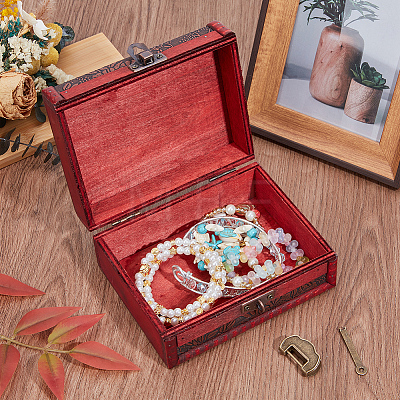 Flower Embossed Vintage Wood Jewelry Treasure Chest CON-WH20002-18-1