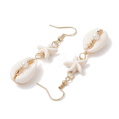 Star with Shell Shape Synthetic Turquoise Beads Dangle Earrings EJEW-JE06398-02-1