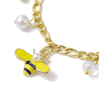 Shell Pearl & Alloy Enamel Bees Charm Bracelet BJEW-JB10040-1