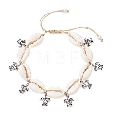 Adjustable Ocean Alloy Turtle Charms Natural Cowrie Shell Braided Bead Anklets for Womem AJEW-AN00784-1
