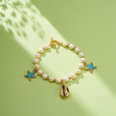 Natural Shell & Alloy Enamel Starfish Charms Bracelet BJEW-JB08636-1