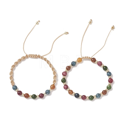 2Pcs Adjustable Natural Green Jade Imitation Tourmaline & Brass Beads Braided Bead Bracelets for Women BJEW-JB13542-01-1