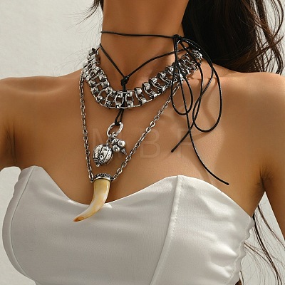 Resin Wolf Tooth Shape & Alloy Bell Pendant Waxed Cord 3 Layer Necklaces for Women FS-WGF67BB-02-1