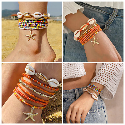 2 Bags Summer Beach Glass Seed Beaded & Natural Shell & Alloy Starfish Charm Anklet Sets AJEW-TA0003-69C-1