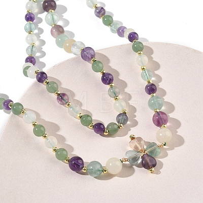 Saint Patrick's Day Natural Fluorite Clover Pendant Round Beaded Necklaces with Brall Heart OT Clasps NJEW-G202-02G-02-1