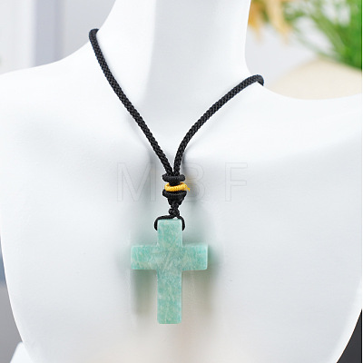 Natural Amazonite Cross Pendant Black Cotton Cord Necklaces FS-WG3ED65-05-1