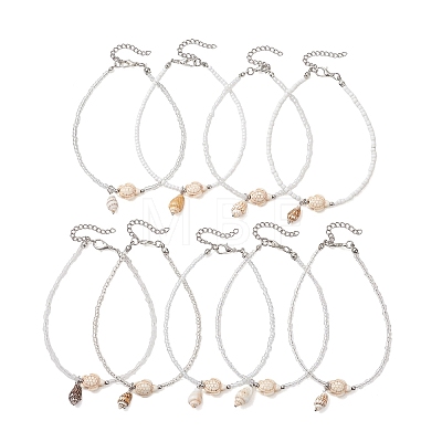 9Pcs 9 Styles Summer Beach Natural Shell Charms Glass Beaded Anklets AJEW-AN00777-1
