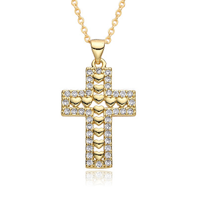 Brass Micro Pave Clear Cubic Zirconia Heart Cross Pendant Necklaces FS-WG8523C-03-1