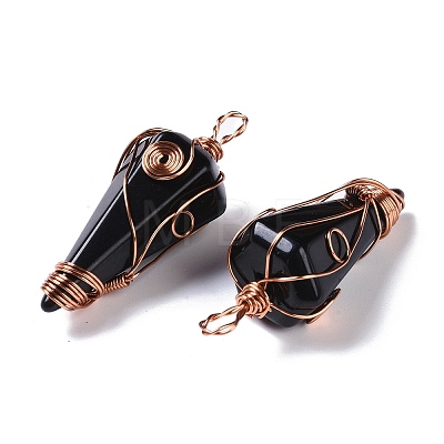 Natural Obsidian Copper Wire Wrapped Big Pendants G-B073-02RG-10-1