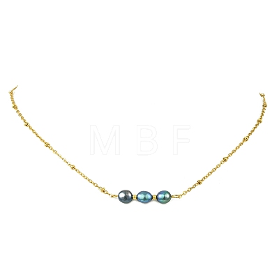 Natural Pearl Two Sides Polished Beaded Pendant 304 Stainless Steel Satellite Chain Necklaces for Women NJEW-JN06224-1