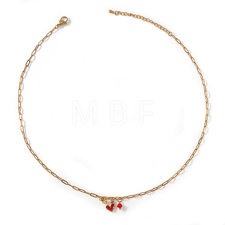 Brass Enamel Red Heart 304 Stainless Steel Paperclip Chain Necklaces for Women XJ8967-2-1
