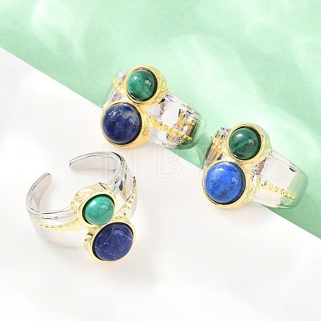 Natural Lapis Lazuli & Natural Malachite with Brass Cuff Open Rings RJEW-B163-01GP-01-1