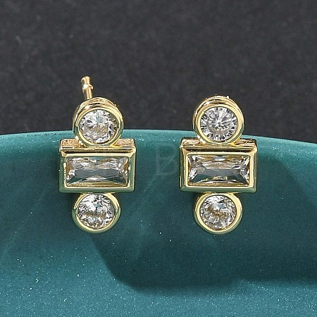 Rectangle with Flat Round Brass Micro Pave Clear Cubic Zirconia Stud Earrings X-EJEW-G452-12G-1