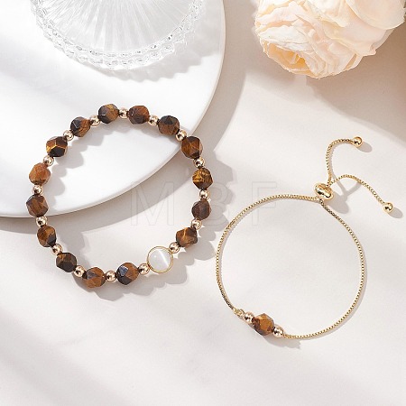 2Pcs 2 Styles Natural Tiger Eye Beaded Bracelets BJEW-JB13009-01-1