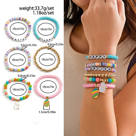 6Pcs 6 Styles Acrylic & CCB Plastic & Polymer Clay Bead Bracelets FS-WG62275-06-1