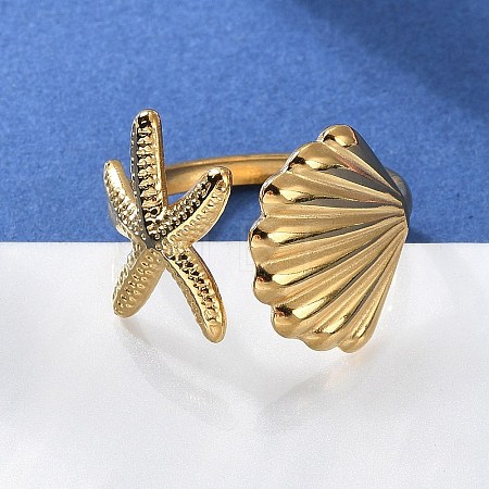304 Stainless Steel Starfish & Shell Open Cuff Rings for Women RJEW-C095-09G-1