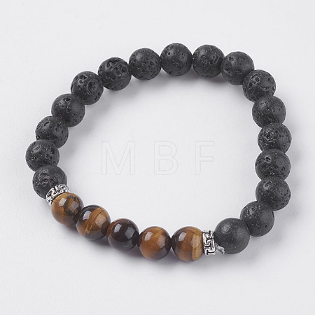 Natural Lava Rock and Natural Tiger Eye Beads Stretch Bracelets BJEW-E326-10K-1