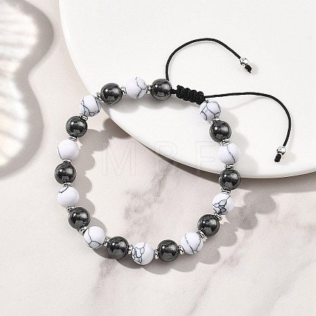 Adjustable Synthetic Howlite & Non-Magnetic Synthetic Hematite Round Braided Bead Bracelets for Womem Men BJEW-JB13588-1