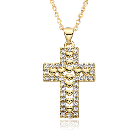 Brass Micro Pave Clear Cubic Zirconia Heart Cross Pendant Necklaces FS-WG8523C-03-1