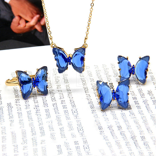 Butterfly Alloy Glass Pendant Necklaces & Stud Earrings & Rings Sets for Women WG31995-05-1