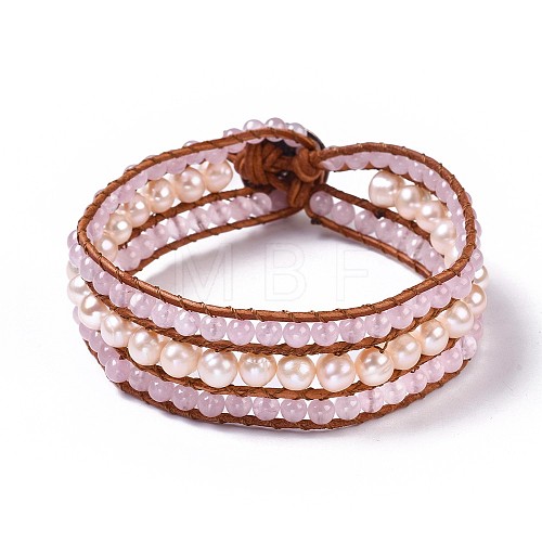 Natural Rose Quartz Beaded Cord Bracelets BJEW-K214-A04-1