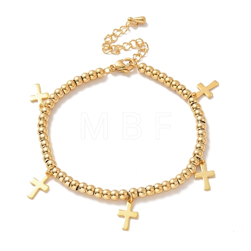 PVD Vacuum Plating 304 Stainless Steel Cross Charm Bracelet with 201 Stainless Steel Round Beads for Women BJEW-B057-24G-1