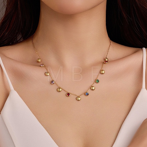 304 Stainless Steel Colorful Cubic Zirconia Flat Round & Shell Shaped Bib Necklaces for Women NJEW-U031-08G-01-1