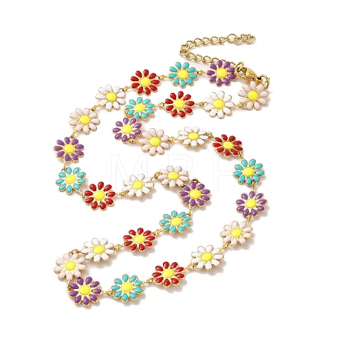 Enamel Daisy Link Chain Necklaces NJEW-B077-01G-1