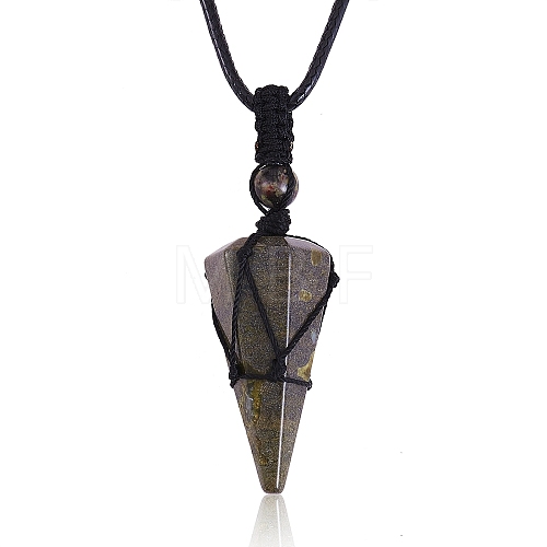 Natural Bloodstone Cone Braided Pendant Necklace NJEW-SZ0001-59I-1