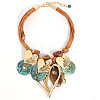 Bohemian Style Alloy Resin Disc Heart Pendant Multi-strand Waxed Cord Bib Necklaces for Women FS-WGB6778-01-4