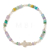 Brass Micro Pave Clear Cubic Zirconia Cross & Natural Pearl & White Jade Rondelle Beads Stretch Bracelets for Women BJEW-JB13114-4