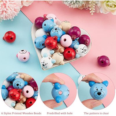  72Pcs 6 Styles Printed Natural Wooden Beads WOOD-NB0002-07-1