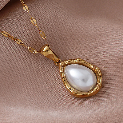 Vintage Stainless Steel & Imitation Pearl Teardrop Pendant Necklaces for Women ZZ4514-1