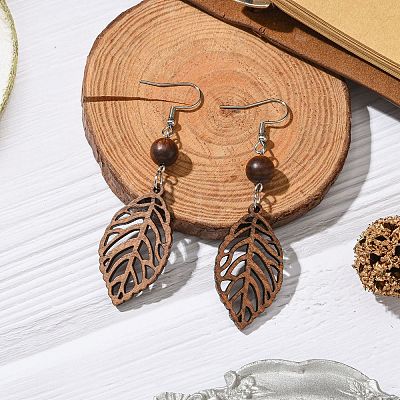 Leaf Natural Walnut Wood Dangle Earrings for Women EJEW-JE06101-01-1