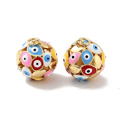 Round with Evil Eye Brass Enamel Pendants KK-G419-15G-06-1