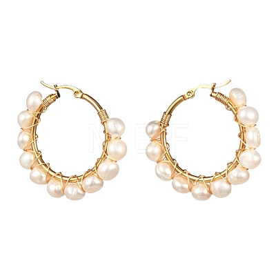 Ring Natural Pearl Beads Hoop Earrings for Girl Women EJEW-JE04685-02-1