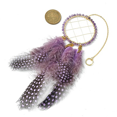 Natural Amethyst Woven Net/Web with Feather Wall Hanging Decoration HJEW-JM01222-01-1