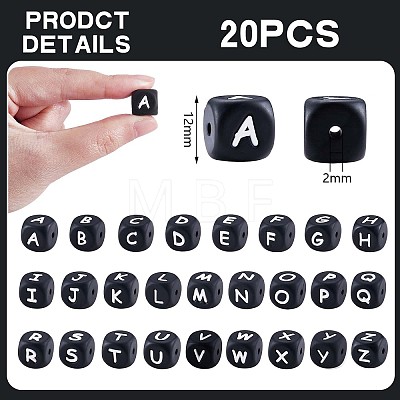 20Pcs Black Cube Letter Silicone Beads 12x12x12mm Square Dice Alphabet Beads with 2mm Hole Spacer Loose Letter Beads for Bracelet Necklace Jewelry Making JX433S-1